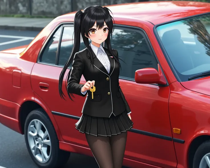  Japanese、   black hair、  twin tails 、smile、  big eyes、  I'm wearing a shiny black leather suit、  white shirt、 Thailand、  Black Skirt  、 black tights 、   shiny black high top sneakers、I have the key、 parking、Red Sedan、3d