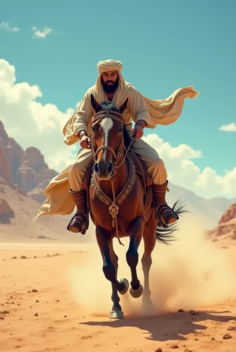 An Arab man rides a horse while running