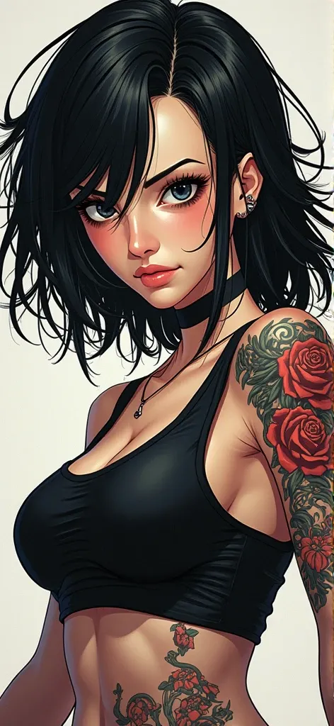 Black haired female anime character mullet with tattoo