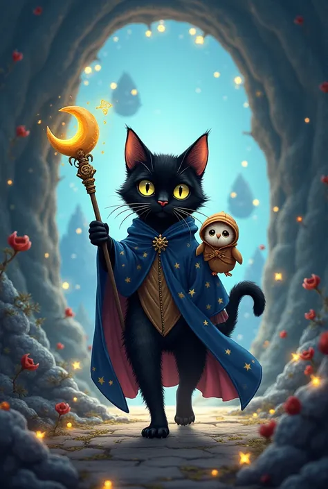 "Visualize an anthropomorphic black cat draped in a starry wizard's robe, holding a glowing staff topped with a crescent moon. The cat walks through a swirling portal into a magical realm. Perched on its shoulder is a fluffy owl chick with luminous golden ...