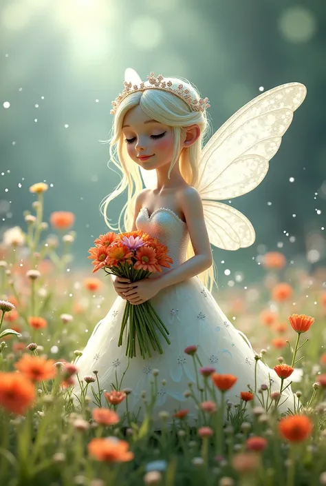 A cute snow fairy, holding a bouquet of flowers, spring, flower field