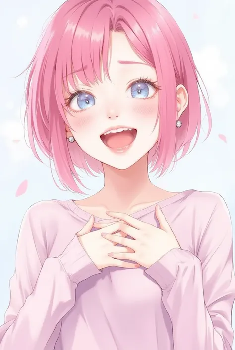 1girl,Laugh out loud,(((pink short hair,blue eyes))),
I'm moved by putting her hands on her chest and opening her mouth wide,
A woman who stares with her eyes moisturized while being moved,cute girl,smiles,pastel colors,brilliant view,