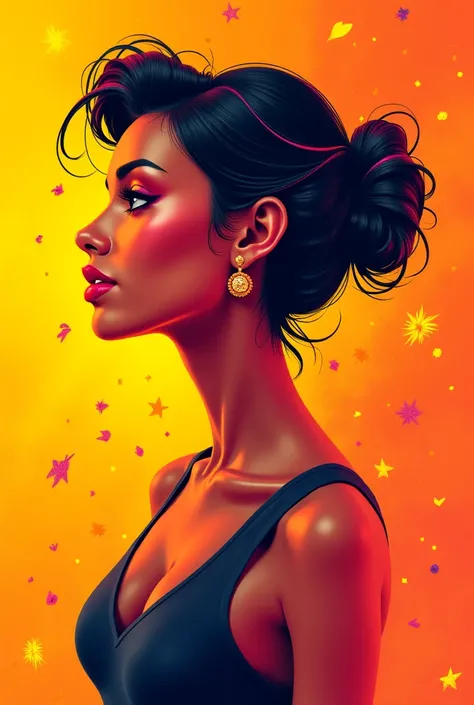  Imagine a vibrant and modern digital art that presents a stylized woman with delicate features, but striking,  in bright colors . She transmits confidence and inspiration ,  with dynamic and striking elements around her .  The background uses warm and con...