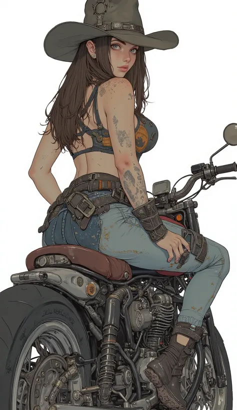  in the seat,  sexy, Enchantment,  blue eyes,  freckles,  closed her mouth,  smirking  ,  brown hair,  straight long hair、 cowboy hat、 sports bra、 denim hotpants for martial artists,Holster Belt、pump shotgun、 Moderate bust, Wide hips,  thighs, round ass,  ...