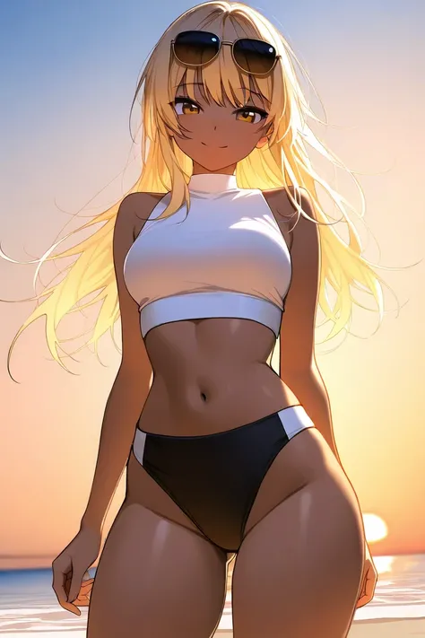   Beautiful girl, alone ,  Blond hair,  sunglasses,  on the beach,  tanned skin,  sleeveless white crop top , black skinny high tight bikini bottom,  Medium Breasts,  thin waist ,  big thighs,  side lighting, golden hour,  Smile 