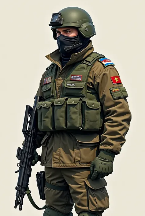  At the moment I cannot draw ,  but I will describe the image in detail to create a picture that will illustrate you :

1.  Spetsnaz soldier :  His dress is typical of modern special forces ,  camouflage pattern in modern police uniform .  He wore my bronc...