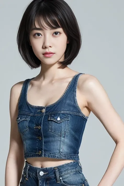  1 girl, ,  black hair,   short hair, Bang,  and stare at the viewer,  tank top,  denim skirt,, ( top quality,   Masterpiece:1.3)