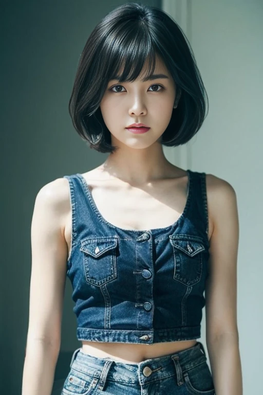  1 girl, ,  black hair,   short hair, Bang,  and stare at the viewer,  tank top,  denim skirt,, ( top quality,   Masterpiece:1.3)