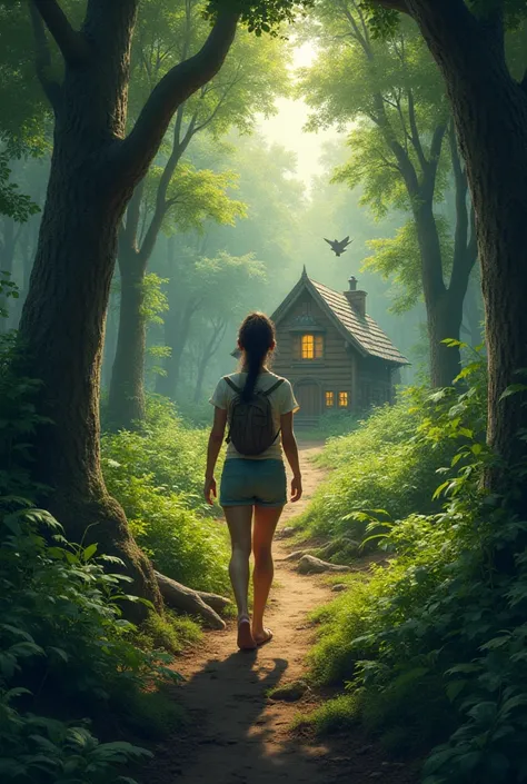 Woman walking in the middle of the forest to head to a house