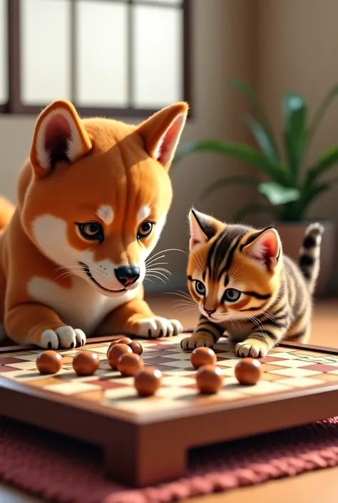 Cute Shiba Inu and the cutest brown tiger patterned kitten in the world playing shogi、((Realistic:1.3))、