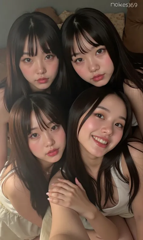 that, 4 girls, 4 sisters, Selfie, smile,  smile bonito, Teeth,  smiling com os olhos, Korean, Idol, thin , slanted eyes,  big eyes,  fringe separated on the right side ,  youthful appearance ,   light black hair  , details eyes, student ,  Iris ,   smiling...