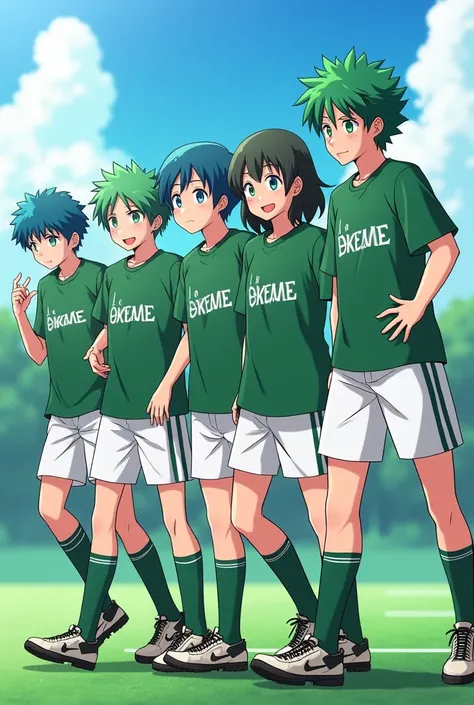 Générer une photo avec ces instructions (4 garçons cheveux vert et bleu sauvage yeux ecarlate stylé artificiel légendaires dans un style anime de footb& écrit sur leur uniform vert et blanc Le légendaire okamo : gakuen ) regard menaçant 