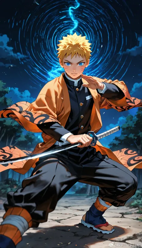 1boy, Uzumaki Naruto, kimetsu no Yaiba, demon slayer uniform, orange yukata, holding katana, night, fighting stance, blonde hair, blue eyes, short hair, face marks, spiral print, masterpiece