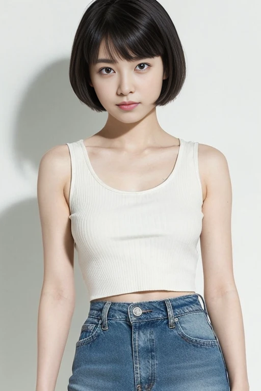  1 girl, ,  black hair,   short hair, Bang,  and stare at the viewer,  tank top,  denim skirt,, ( top quality,   Masterpiece:1.3)、 white short sleeve shirt、 cute、Front Bob、