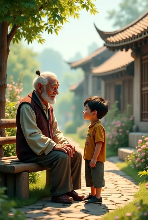 An elderly man with a wise look, sitting on a bench in the village, speaking to a young boy."