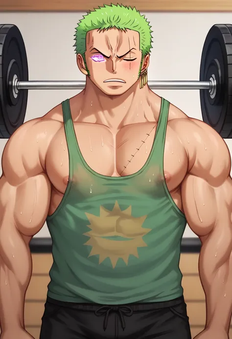 Roronoa Zoro, stringer tanktop, glowing earpods, gym shorts, muscular, muscles, broad shoulders, massive pecs, sweaty, hairy chest, glowing spiral in the eyes, blank expression, vacant stare, hypnotized, brainwashed, focused, High Resolution, gym