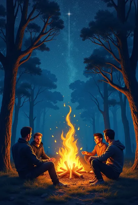 

 A fire burning in the middle of the mysterious night forest ,  surrounded by 3 men and 1 woman chatting about life.  Dynamic swirling yellow-orange fire ,  reflected on their faces ,  Create a warm feeling .  The starry sky with characteristic swirling ...