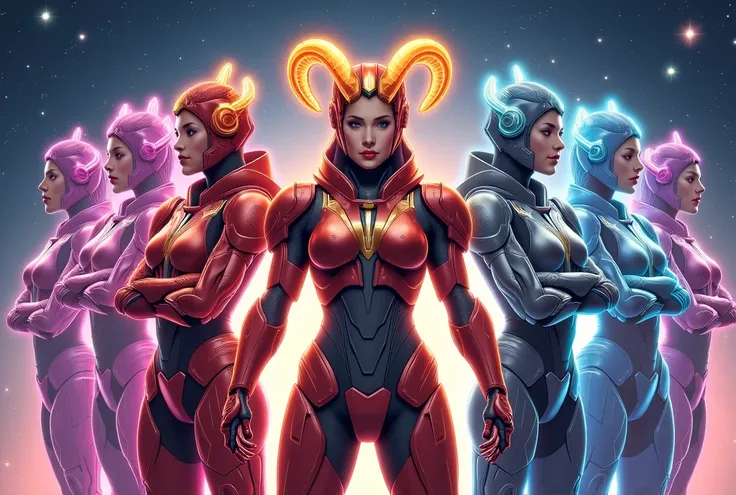 A futuristic sci-fi illustration featuring three powerful female warriors representing Aries, Taurus, and Gemini, standing confidently at the front. Aries wears red and gold mech armor with a half-open helmet featuring glowing ram horns and holds a high-vo...