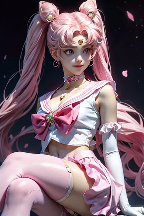 masterpiece, highest quality, Absurd, Perfect Anatomy, young teen, One girl, alone, Moon, 1990s \(style\), sailor chibi moon Pink Hair, pink pupil, Sailor Warrior Uniforms, Magical girl, Pink Eyes, Pink Skirt, Elbow-length gloves, tiara, Pleated skirt, Hai...