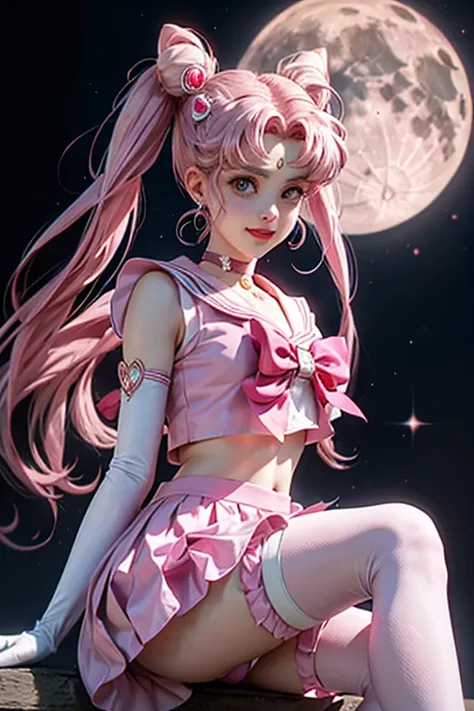 masterpiece, highest quality, Absurd, Perfect Anatomy, young , One girl, alone, Moon, 1990s \(style\), sailor chibi moon Pink Hair, pink pupil, Sailor Warrior Uniforms, Magical girl, Pink Eyes, Pink Skirt, Elbow-length gloves, tiara, Pleated skirt, Hair ri...