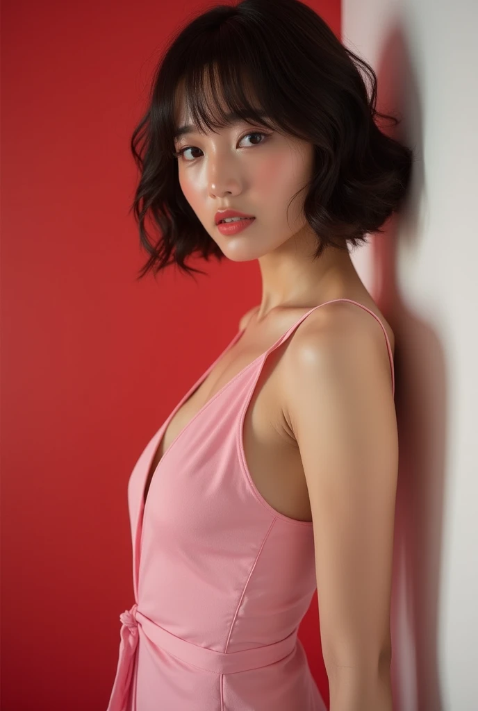 A YOUNG TAIWANESE HOTTIE, Ultra HD,  high quality,  Surrealism , woman, fair skin, Short,  Slightly curled short hair ， Pink ,  Pink 繡花裝飾的j無袖和服, Dress open ， revealing a glimpse of chest and waist , 牆壁上裝飾著不同深淺 Pink 的人造花,  background is red and white room ,...