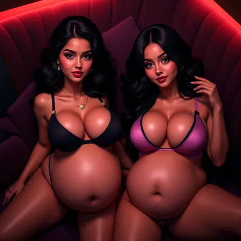 Big breasts,  2 Indian beautiful young girls, Spread legs in a club with a bikini, vagina , bloated stomach seen from above, 