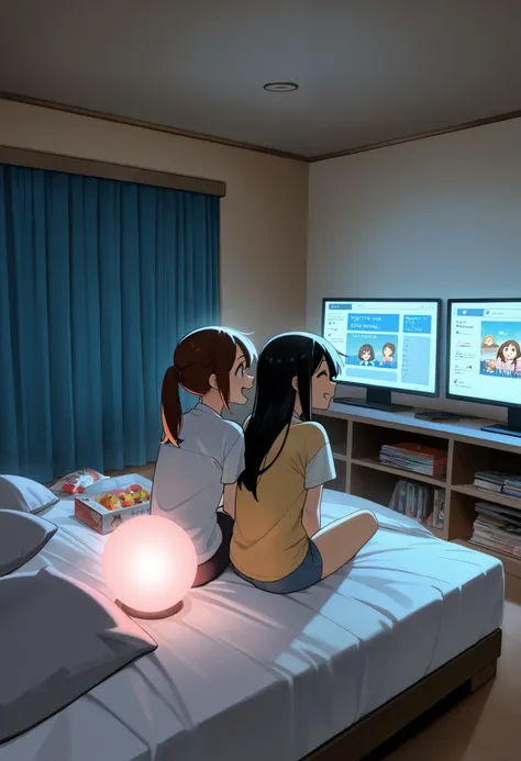  absurd resolution,  high resolution, ( masterpiece: 1.4),  super detailed, ((( detailed face,  detailed expression )), two girls, Girl and girl, friends, best friends, classmates, relax,  ponytail, chelín, sitting on bed,  sitting on the floor, Two are ta...