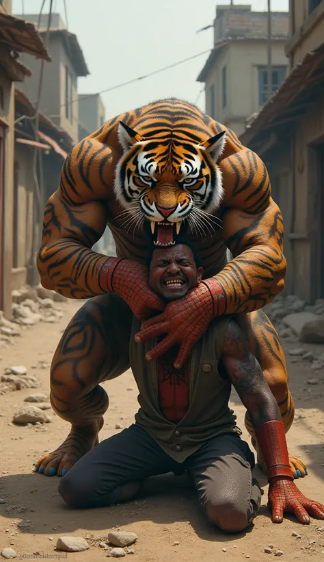 Spiderman as a tiger biting on the snake charmer shoulder, . The demon screams in agony as dark energy erupts from the wound.Background is  dusty village  road. realistic image 