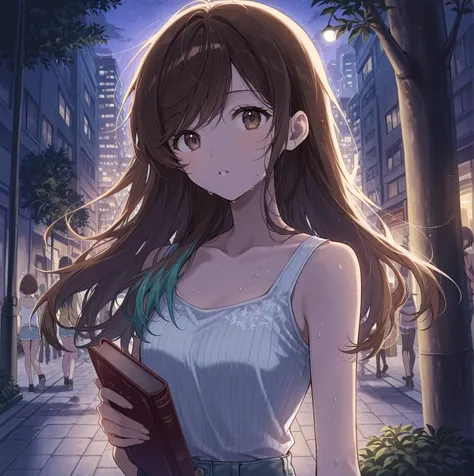  (Masterpiece, best quality), intricate details, JK, ((swept bangs)) long hair, brown hair, hair with teal highlights, brown eyes, white ribbed tank top, light blue jean shorts, jean shorts, book, outdoors, night, building, sidewalk, plants, sweat, people ...