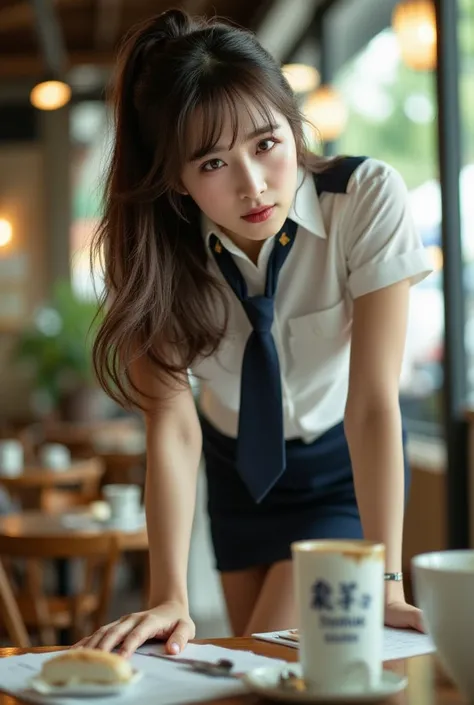 Sexy beautiful Japanese woman, a self defense officer uniform, wearing a white short-sleeved shirts, navy blue tie, navy blue pencil skirt, Black patent high heels, beautiful hip-line, Beautiful thighs, beautiful knees, bend forward and put your hands on t...