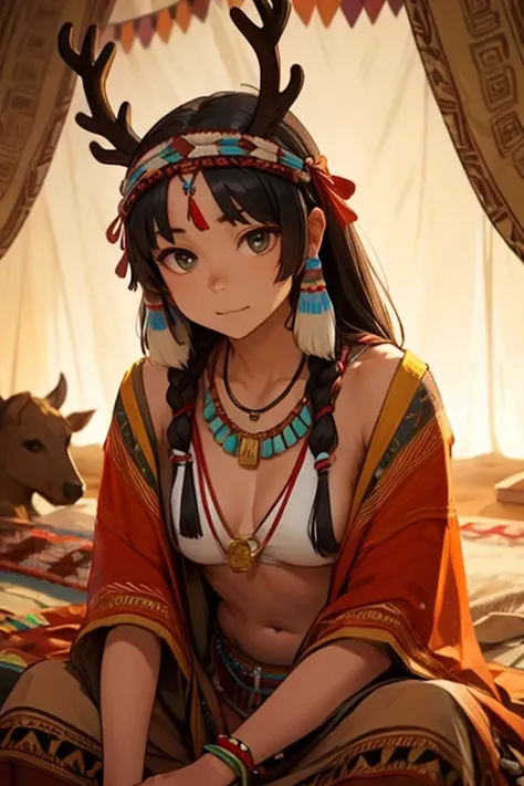    Native American 、Navajo tribe  、Decoration、  deer antler necklace  、  the pendant top is a deer antler、 Do you take the horn of a  、 レザーでDecorationされた 、Indian tent  