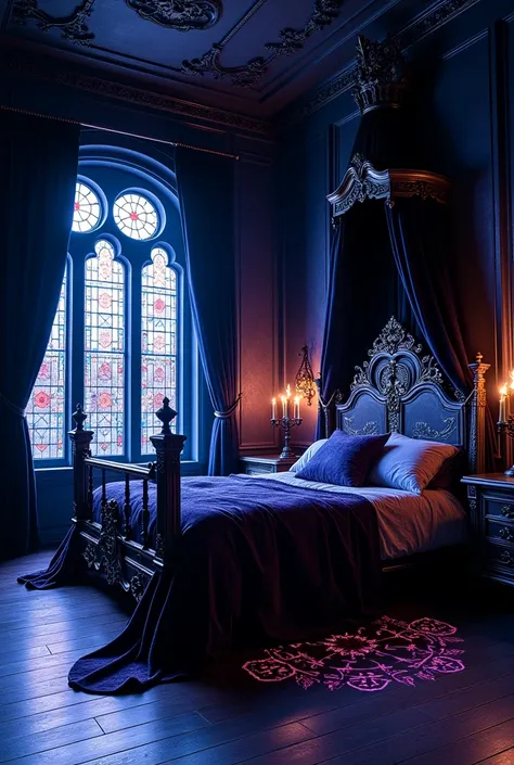 "A dark yet elegant bedroom with Gothic Victorian influences, featuring deep blue and purple hues. The ornate, wrought-iron bed has intricate patterns, with dark velvet curtains draping from a high canopy. The walls are adorned with intricate baroque carvi...