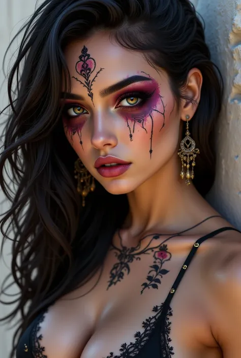   Beautiful Mexican Girl  , impressive face,  half body shot , J Scott Campbell style, 8K, Ultra sharp,  skull makeup 