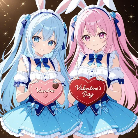 Figure handing over heart-shaped Valentine's Day chocolate:1.5、 lollipop 、 in ultra high quality、8k、16k、 super quality next to each other、 two girls、((Two little sisters:1.2))、 detailed face、 Details、 big eyes、 pink eye、 aquamarine eyes 、 very long hair、 p...