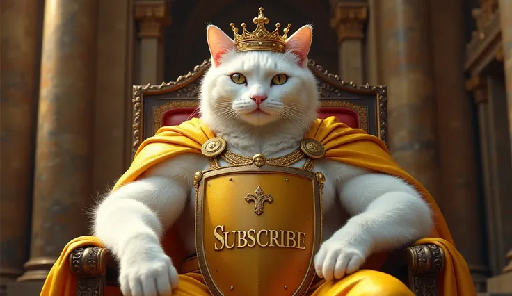 A muscular bodybuilder white cat, with a body resembling that of a real, powerful feline, sits inside a grand palace, exuding regal authority. The cat is dressed in golden-yellow kingly clothes, wearing a crown on its head, and holding a shield with the wo...