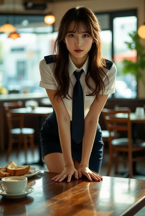 Sexy beautiful Japanese woman, a self defense officer uniform, wearing a white short-sleeved shirts, navy blue tie, navy blue pencil skirt, Black patent high heels, beautiful hip-line, Beautiful thighs, beautiful knees, bend forward and put your hands on t...