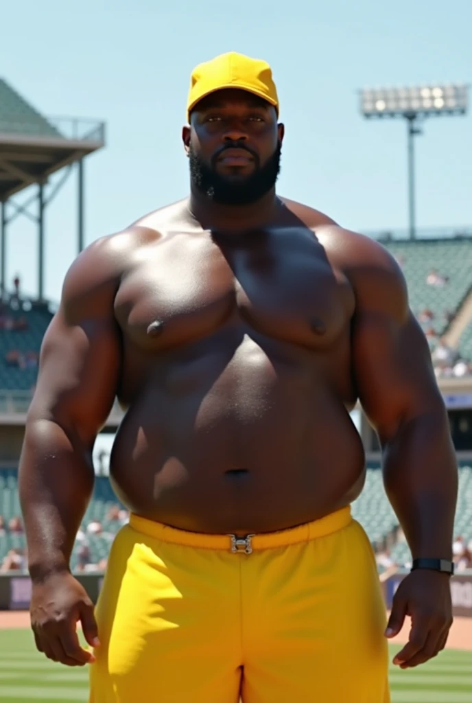 A photo realistic image at a outdoor baseball stadium, an exegeratedly huge muscular mature black man of 240lbs with solid muscular chest with large nipples and flat stomach wearing only a yellow swimming trunks and yellow baseball cap. Front view image, f...