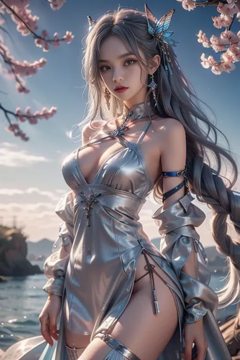 8K, ultra hd, masterpiece, hd colors, 1 girl, perfect face, very long curly hair, detailed eyes, simple clothing, ((silver clothing)), stocking, ((criss-cross lace)), sardine, straps, net clothing, ((long loops)), jwellery, waterside, Realistic scenery, ep...