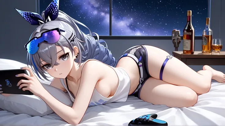 silver wolf (honkai: star rail) a woman in a casual clothes laying on the bed with a tablet computer in her hand and a bottle of alcohol splatters all around her, playing games, starry sky, thigh strap, eyewear on head, grey eyes, grey hair, drill ponytail...