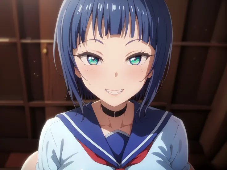 (UHD, retina, masterpiece, accurate, anatomically correct, super detail, high details, highres, 1080P, 16k:1.3)、 (sachi:1.3)、 short hair、blunt bangs、darkblue hair、A mole near the eye、(very gigantic breasts、rounded large breasts:1.3)、(shiny skin:1.3)、(grin:...