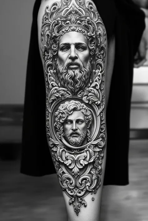 Design a tattoo on a man's leg with sculpture ornaments and have Roman or Greek statues and sculptures poseidon that the tattoo is realistic in black and white what filigrana ornamental barrocos 