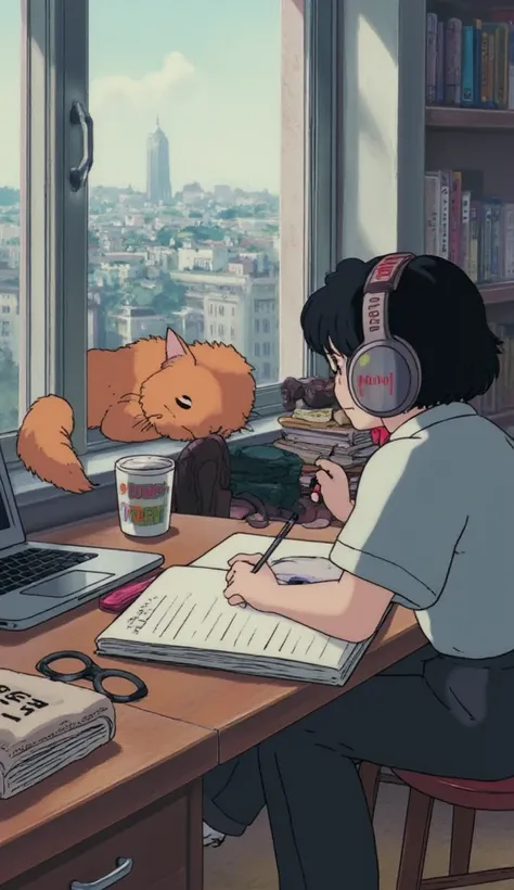  a girl with dark hair is sitting at her desk wearing big 'LOFI' headphones.  I'm writing with a pen in a notebook, and , The desk has a laptop , pot, shears,  several books are lying in a mess .  A big orange cat is sleeping on the windowsill, and ,  and ...