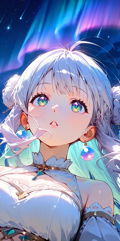 solo, 1girl\(cute,kawaii,chibi,student, young, silver hair,floating hair, cosmic eye, pale skin, looking up,(close-up girl)\). BREAK .(crystal clear bubbles\(shining prism,in the sky\), beautiful universe, (photo-realistic huge beautiful colorful aurora:1....