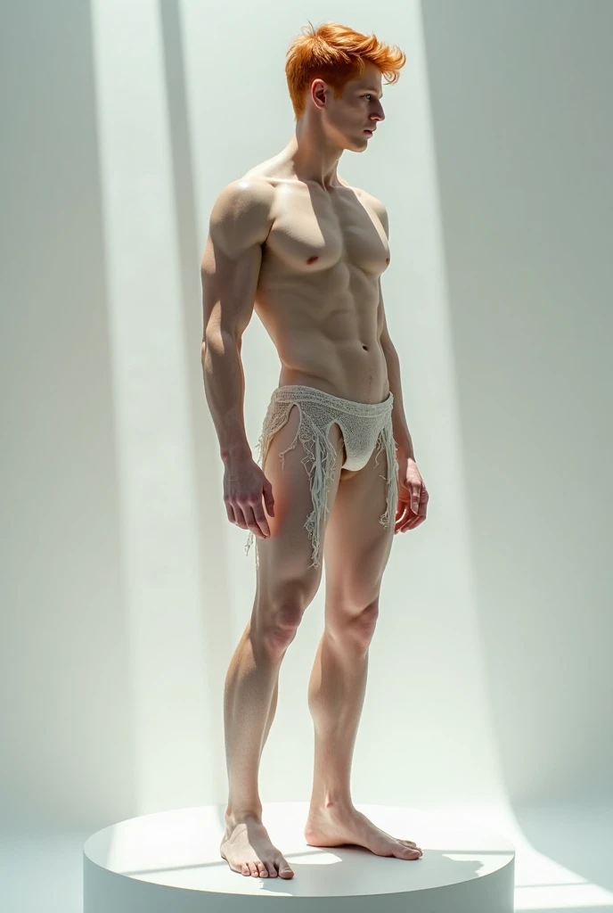 slim ginger man with small waist and large pecs. wearing revealing gossamer strips. posing atop a white pedestal.