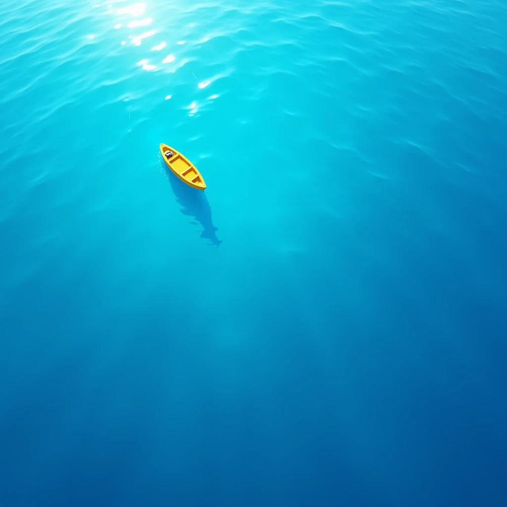 Aerial view of the ocean, vast and serene, with a focus on the water's crystal-clear blue hues and transparency. The sunlight refracts through the sea, creating a mesmerizing luminosity and sparkling effects on the surface. Subtle, smooth gradients are use...