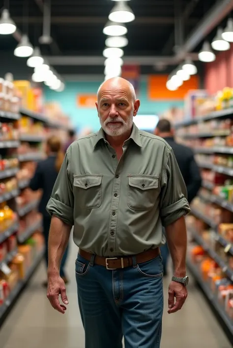 45-year-old bald man in supermarket 