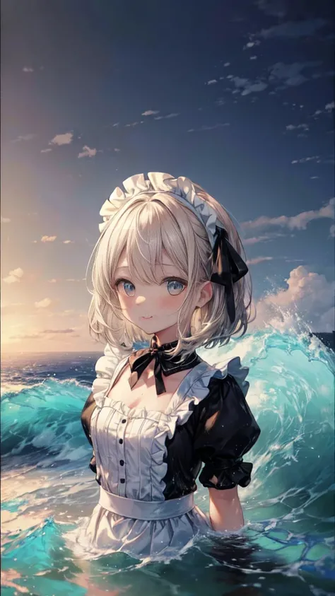 (8k,  super quality next to each other,  Masterpiece:1.2),  ultra high resolution,  cute,  girl,  small tits, solo, whole body,  maid clothes, The black and white maid ,  Katyusha ,  Blue Ribbon, sea, Wave like a  ,  bright smile,  innocent face,  mouth, s...