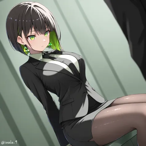 masterpiece, (((( best quality )))),1 girl, Japanese Anime ,,shiny skin, wearing a black suit,skirt suit, black tie , dark hair, short bob hair,The inner color of the hair is green, green eyes,isosceles triangle earrings, black tights,large breasts