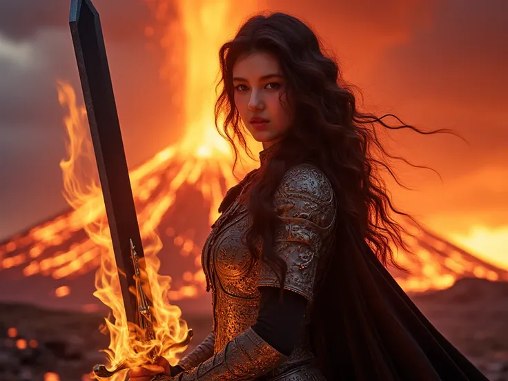 beautiful woman black-haired female holding a large sword ,the sworg are on fire, in black and gold full armor costume, Surrounded by a volcano erupting, red and orange, surrounded by volcanic rocks, sunset, close up.