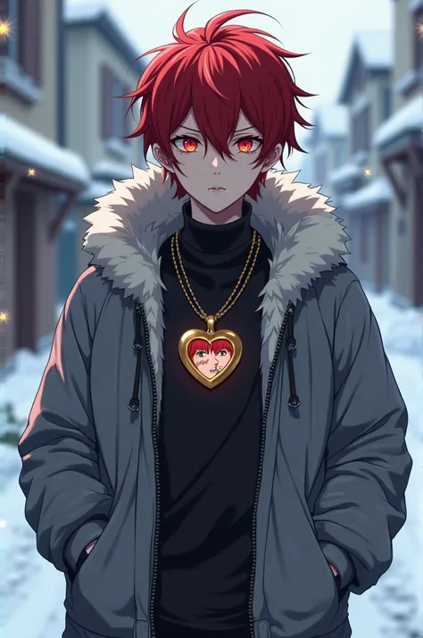 Create OC, Male, Age: 27, Appearance: "Zipped/Unzip Gray Winter Jacket, Red Hair Messy Short, Golden Heart Locket on neck with Makima and Seika Picture Lovely Dovey, Finger-Gloves, Jeans, and White Shoes" Eyes Pupils: "Red", Anime Style, Background snowy t...